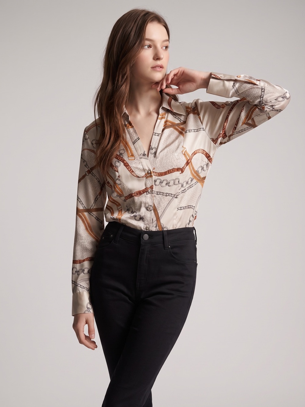 Cache Vintage Silk Chain Print equestrian Button-Up Shirt. Quiet Luxury. M